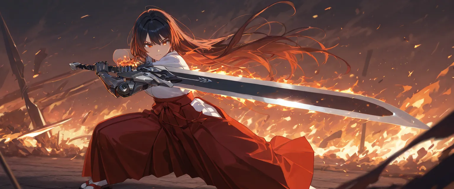 (best quality), high detailed, holding sword, high quality sword, (big weapon), (iridescent blade),  (attack stance:1.1), action pose, oversized iron sword, Girl, mechanical arm, burning arm, Slash, serious, hakama, beautiful eyes, super fine eyes, (Close-...