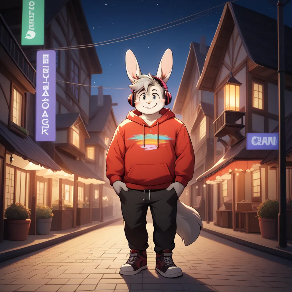 deTail background, 4K,  masterpiece,    an anthropomorphic rabbit   ,  droopy ears ,  furry   male,  {{{{One boy,  male性,  alone,   furry  ,      animal ears , thick、Fat、male,  colorful contemporary style hoodie, Front  , big , Tail, full body,    headphon...