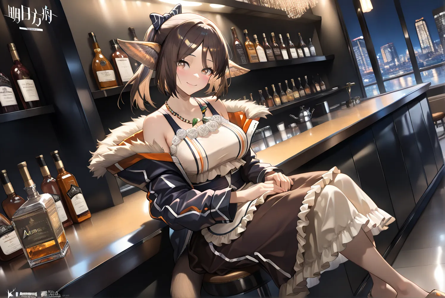 female,(((alone))) fox tail。looking at viewer, brown dress, brown slippers,,,((Perfumer)),((Perfumer_\(arknights\))), Perfumer_\(arknights\)。tiny boobs。
,( beautiful eyes:1.5),smile,,Photorealistic Background,Bar counter, is sitting, best quality, amazing ...