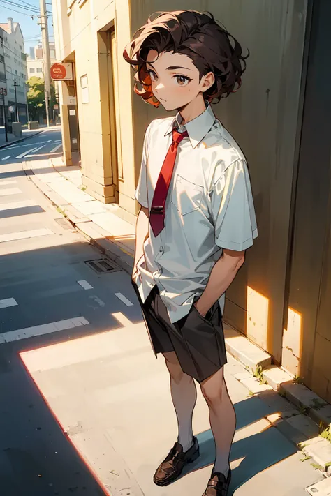 Young male standing on the sidewalk wearing a white short sleeved collared shirt and red tie. He has medium length mildly curly brown undercut hair and the weather is sunny and bright. masterpiece quality 