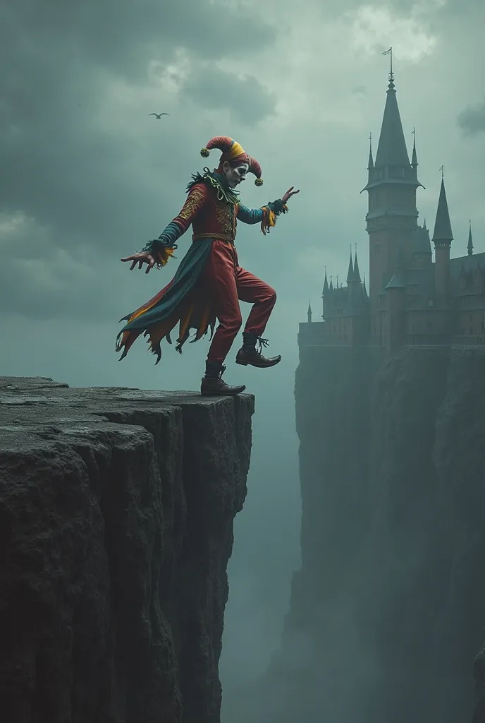 portray a jester on the edge of a cliff in a creepy Gothic style 