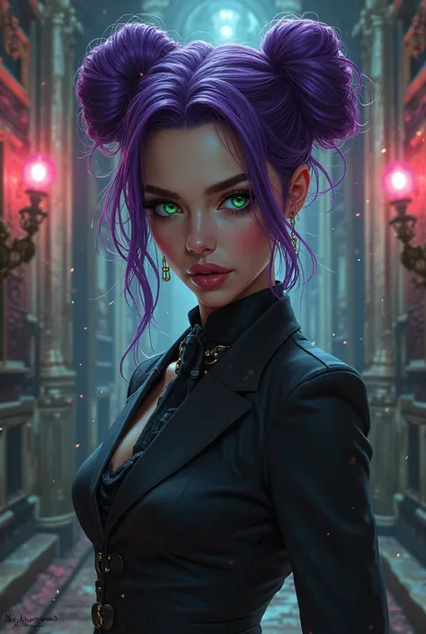 A young woman with purple space bun hair, and green eyes. She’s a scary woman. Shes in the family mafia.