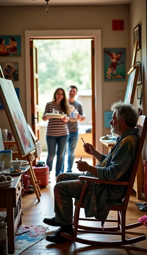 A cozy living room turned into a chaotic art studio. A middle-aged man with a messy gray beard, wearing a paint-stained robe, sits in a rocking chair, passionately painting on a canvas. The room is cluttered with easels, paint tubes, and scattered canvases...