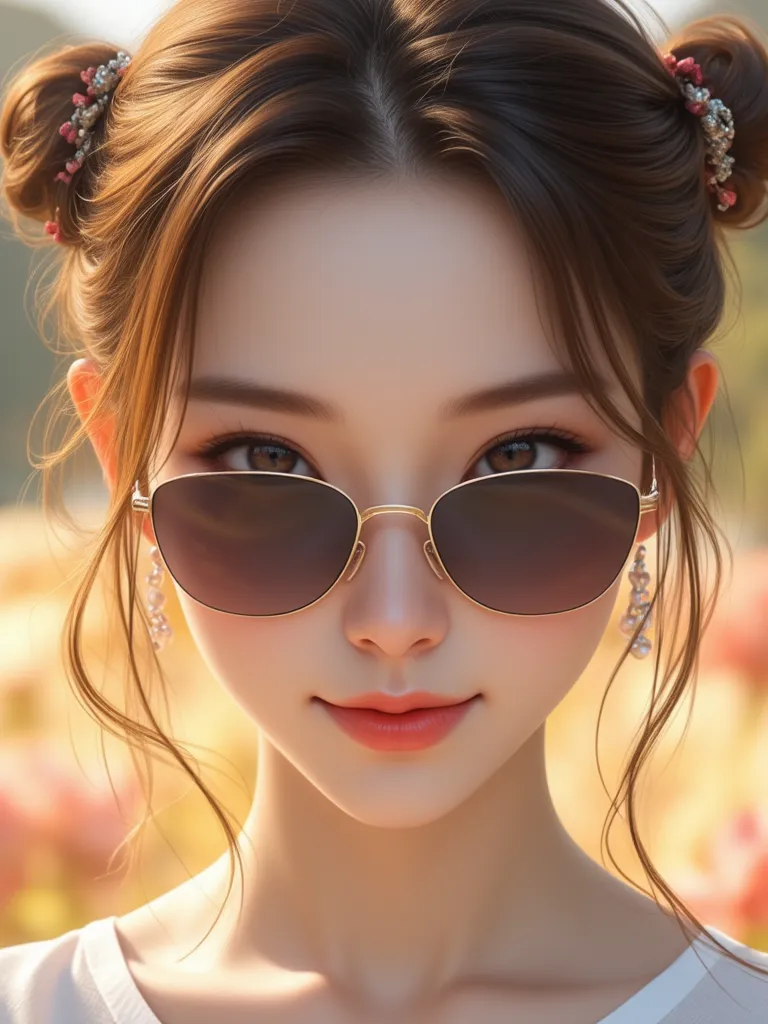 Masterpiece, best quality, 8k, highest quality, best graphic, beautiful eye, beautiful lip, beautiful background, Korean woman in 20s, golden hair, pucca buns, sunglasses 