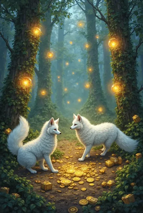 In the forest, nine lights are shining, and white foxes are seen, and gold coins are scattered all over the ground, and many are in gold boxes.