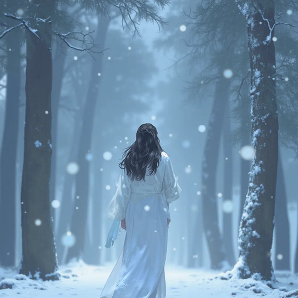 a serene winter scene with a woman standing in a snowy forest. She is dressed in a long, white coat that reaches her knees, and her dark hair is styled in loose waves. The forest is covered in snow, and the trees are tall and slender, their branches heavy ...