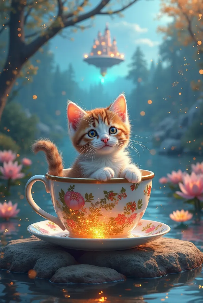 Camera]: Average plan, slightly raised angle, focus on the baton bathed in the cup.
[Main subject]: An adorable tricolor kitten, with large shiny eyes and a gentle coat, comfortably installed in a large cup filled with a sparkling magic liquid. Its express...