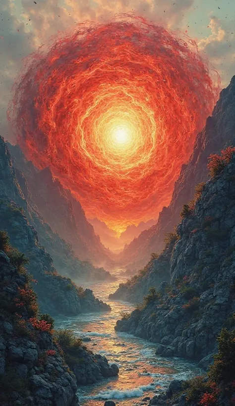 An abstract concept where the Muladhara chakra is represented by a swirl of red energy merging with elements of nature,  like mountains , trees and rivers. Energy pulsates rhythmically, reflecting security and stability