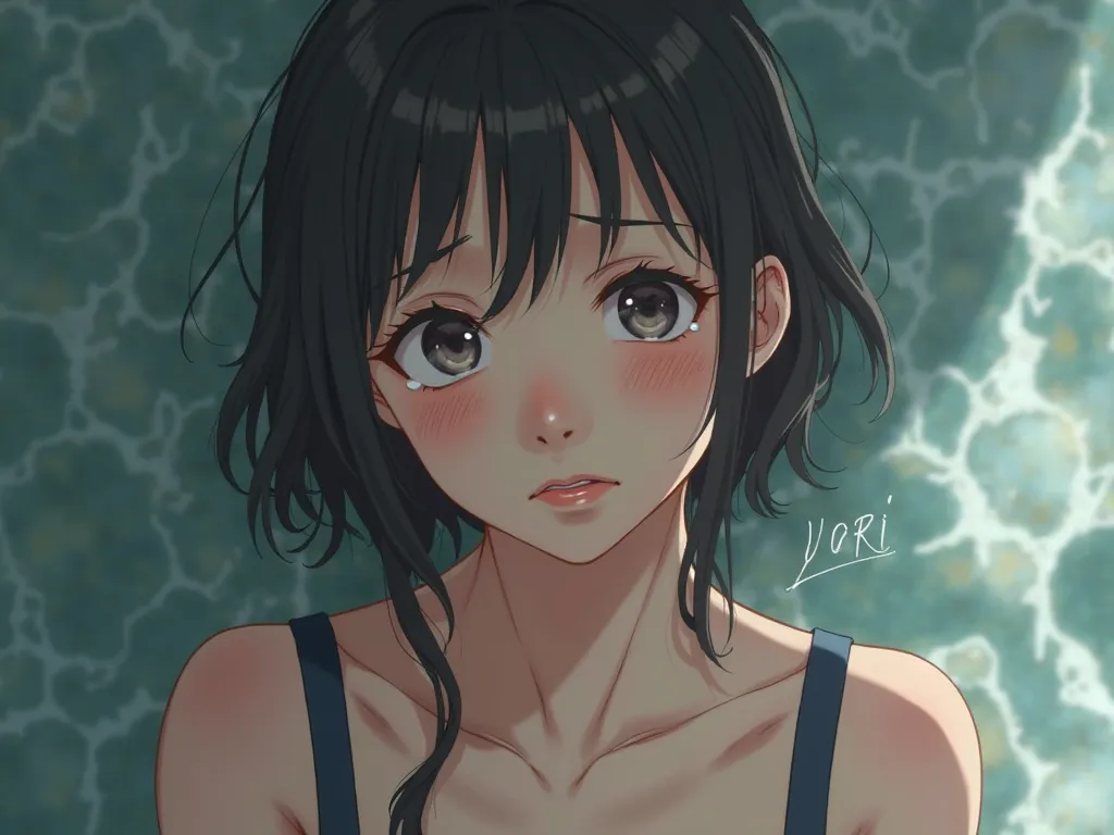 1 girl, textured skin, Japanese hairstyle, tears, crying,  crying expression, anime style,cowboy shot, Chest Circumference,  lori,  navy blue swimsuit, 