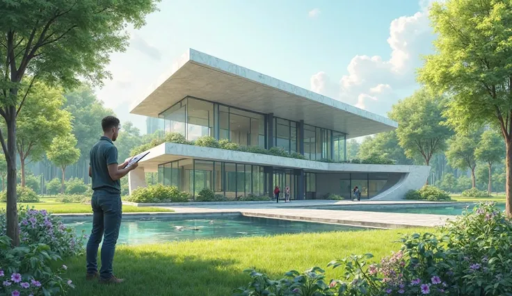 Man drawing a contemporary building in a park 