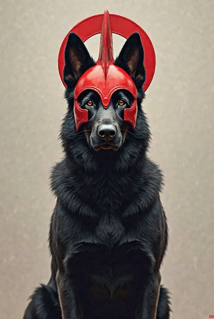 Portrait of a black German shepherd dog with a red gladiator helmet
