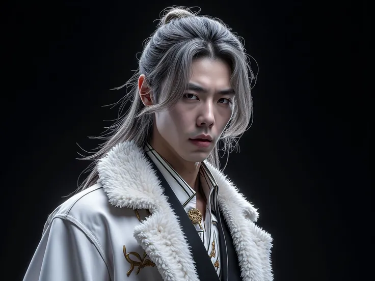 20 year old man, Very handsome , Korean Series Stars, White skin, handsome, Long grey silhouette, Hair Sets, Hair swept up , ใส่เจลHair Sets, black background, masterpiece, best quality, Open your mouth, Angry until red eyes,  Cool personality ,  a man, De...