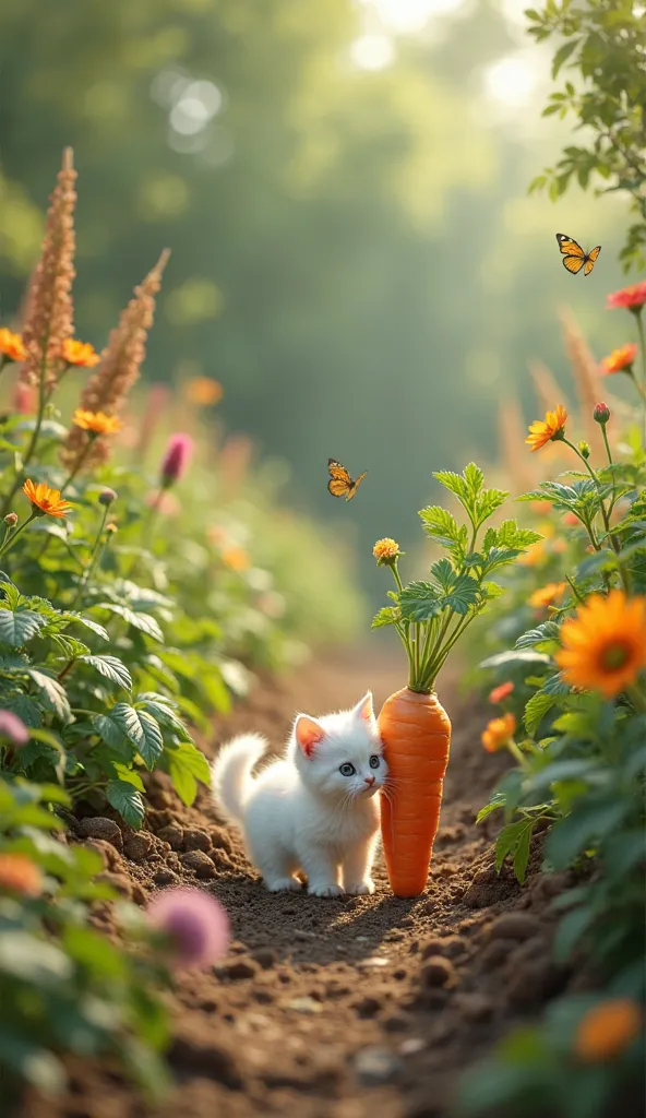 In a lush green garden, a little white kitten explores, chasing butterflies and sniffing flowers.
She mistakenly gose to big, long carrot form 