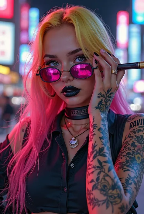 Woman with long straight blonde and fuchsia hair with pink eye circles, black lips, a ring on her nose, dark glasses, wears a sleeveless polo shirt and a black jacket, she has tattoos all over her arm and neck with colorful flowers caresses her face with a...