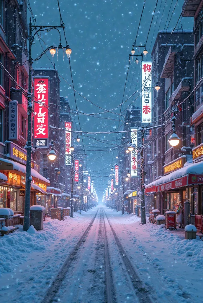 A wide-angle shot of a deserted, snow-covered street in Tokyo at night, illuminated by neon signs and street lamps, hyperrealistic