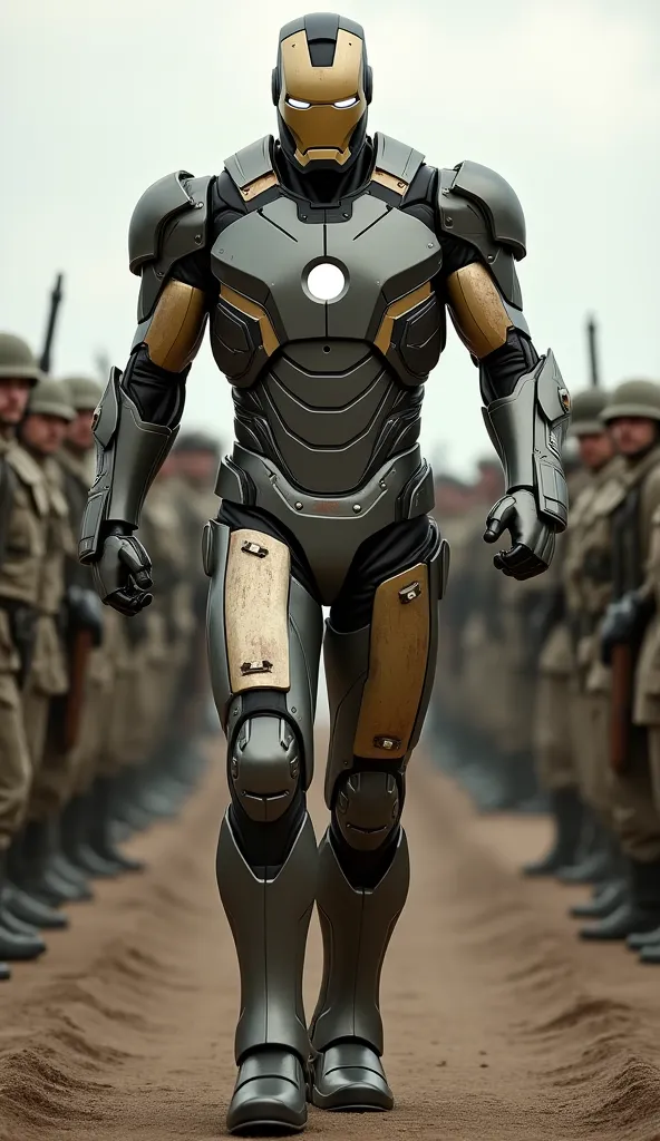 Marvel's Iron Man in a World War II military suit walking toward the camera with soldiers in the background 