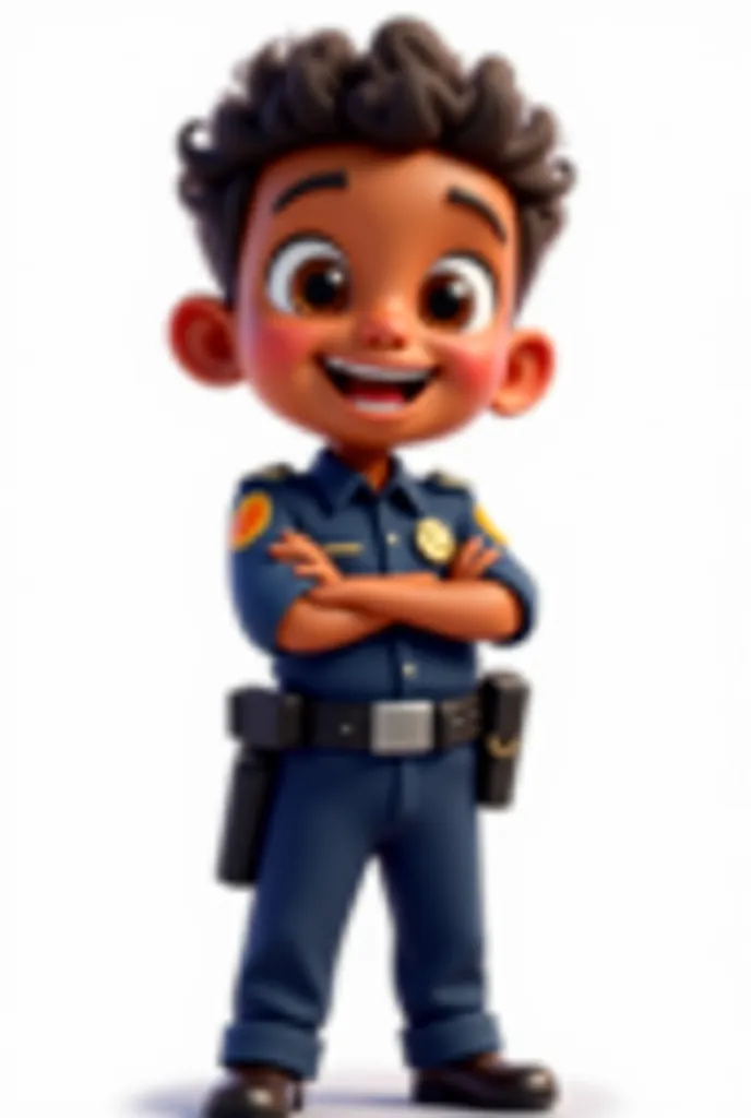 illustration digital art happy boy with black hair, Short and curly. dark skin, dark brown eyes and wearing police clothes on a white full body background