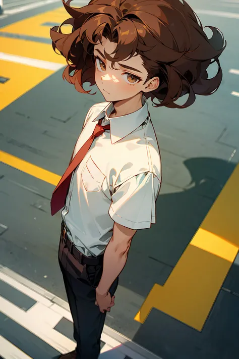 Young male standing on the sidewalk wearing a white short sleeved collared shirt and red tie. He has medium length mildly curly brown undercut hair and the weather is sunny and bright. masterpiece quality , Detailed Generation, he holds a somber expression...