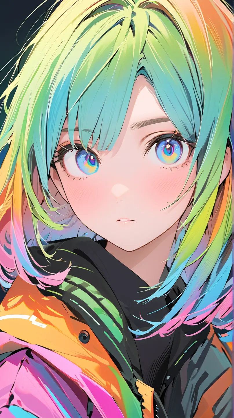 A young girl, likely pre-, is depicted in a digital portrait.  Her skin is fair, and she has bright blue eyes.  Her expression is neutral and serious.  Her hair is styled in a short bob with a vibrant rainbow gradient of colors: pink, blue, green, yellow, ...