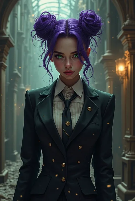 A young woman with purple space bun hair, and green eyes. She’s a scary woman. Shes in the family mafia.