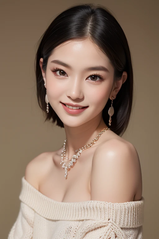 High Resolution,high quality,realistic, beautiful Japanese woman, model,flat chest,earrings,necklaces,big eyes,Hairstyle arrangement,kind smile, off-shoulder knit,looking at the camera,  Oil Skin, beautiful skin, Up from the thigh , photography,Portrait