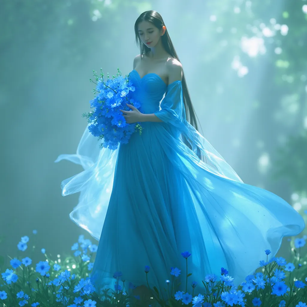 a serene and ethereal scene. A asian woman, dressed in a flowing, strapless blue gown, stands in a misty, forest-like environment. Her dress billows around her, creating a sense of movement and grace. She is holding a large, vibrant blue flower, which cont...