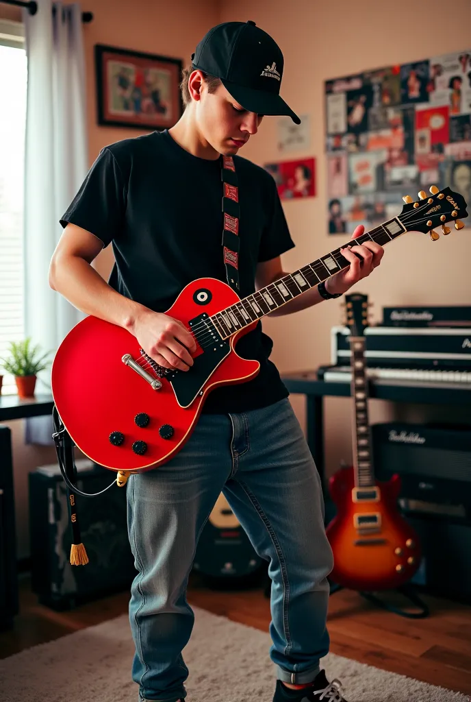 Create an image of a guitarist wearing a cap, jeans and a black shirt, an all-star sneaker playing an all-red Ribanez guitar sitting in his room.
