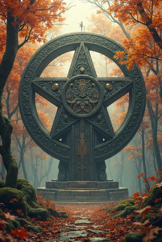 picture an ace of pentacles, huge pentacle against the background of an autumn forest