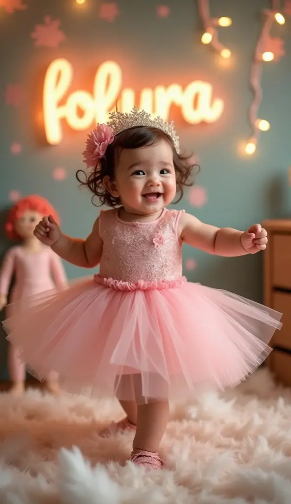 A cheerful  toddler girl struts down a lively runway adorned with pastel balloons and whimsical clouds. She wears a frilly pink tutu paired with a cozy, oversized knit sweater, exuding a sweet and playful charm. Her golden blonde pigtails bounce with each ...