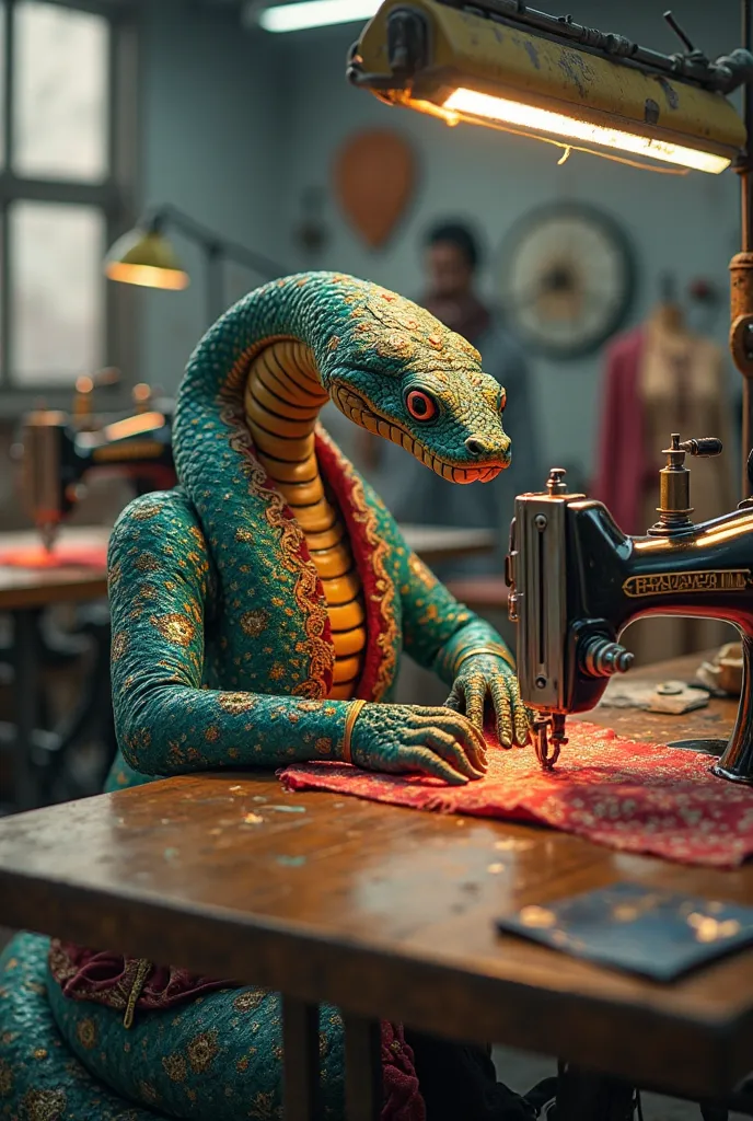 The Indian snake behind an industrial professional sewing machine makes fashionable clothes and makes a lot of money