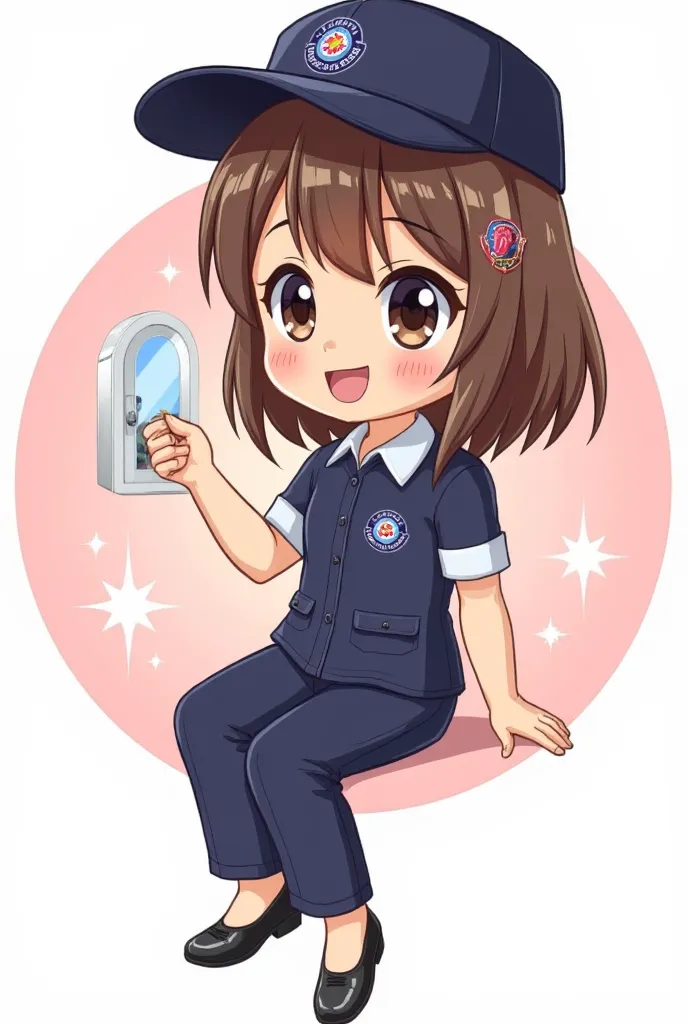 A cute cartoon style illustration of a brown-haired girl, wearing a dark blue short-sleeved uniform, dark blue slacks and a hat, and black pumps. She has a cheerful expression, big round eyes, and a smiling mouth. She is sitting and putting on makeup, look...