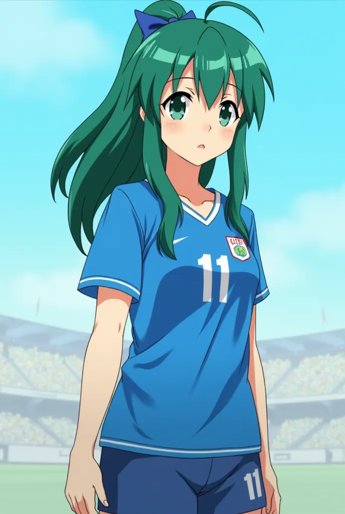 Una chica de cabello Verdoso y ojos Verdes que tenga un parecido a rinn itoshi de la serie de anime blue lock que sepa jugar fútbol con la camisa de blue lock y que siempre su camisa tenga el número 11 y  que salga en la serie de blue lock ysiempre sea ser...