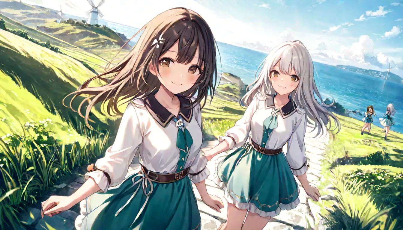 (( masterpiece , Top Quality , dynamic angle ))、((( 3 girls , smile , silver hair , black hair , brown hair )))、( detailed face 、on the hill 、One white windmill:1.2)、( sea )