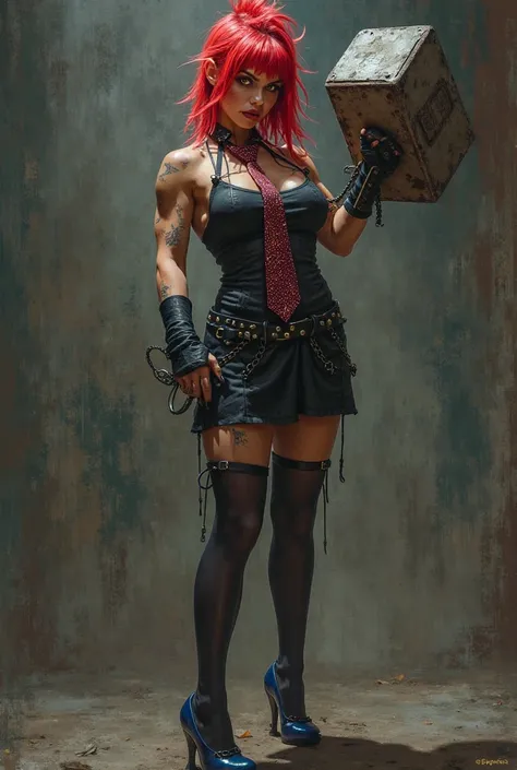 Punk  Girl,  Big Bust, fit,  sexy, , irritated look , Holding a giant hammer, Red hair, Twinkle Tie ,  yellow eyes, Black bodysuit , Low Waist,  Black miniskirt , Black tights,  Dark Blue High Heels