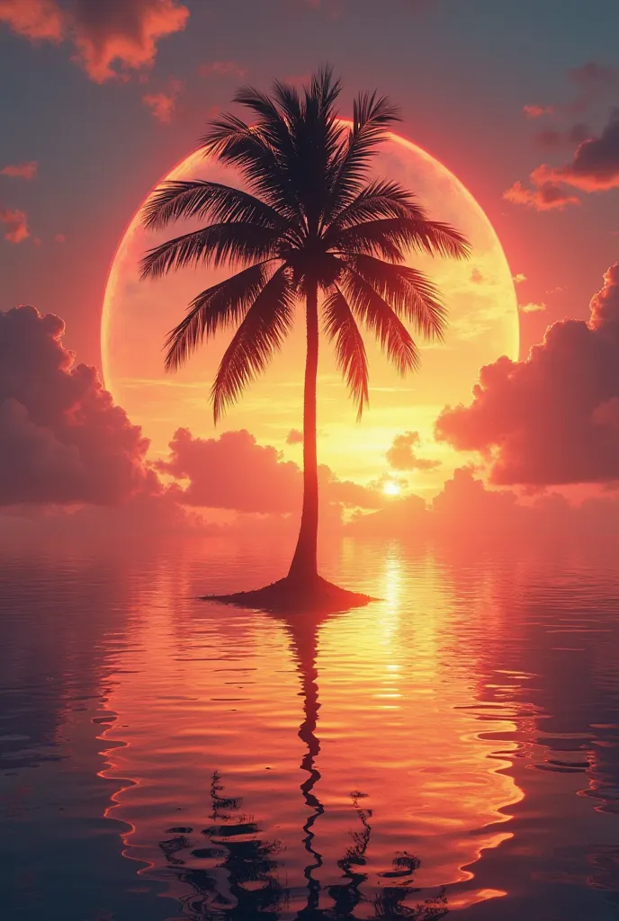 make an  sunset circle image with coconut tree