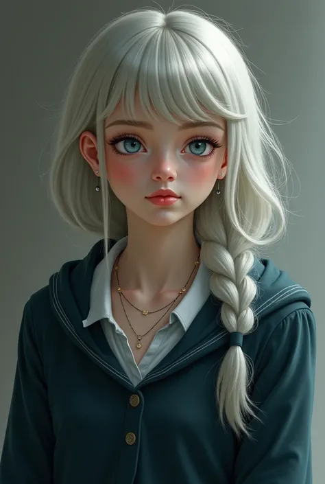 I want a similar style to Dasha Taran, but with silver-blonde hair, light blue eyes, a necklace, a faint crescent-shaped scar on the right arm, and a Hogwarts school uniform.