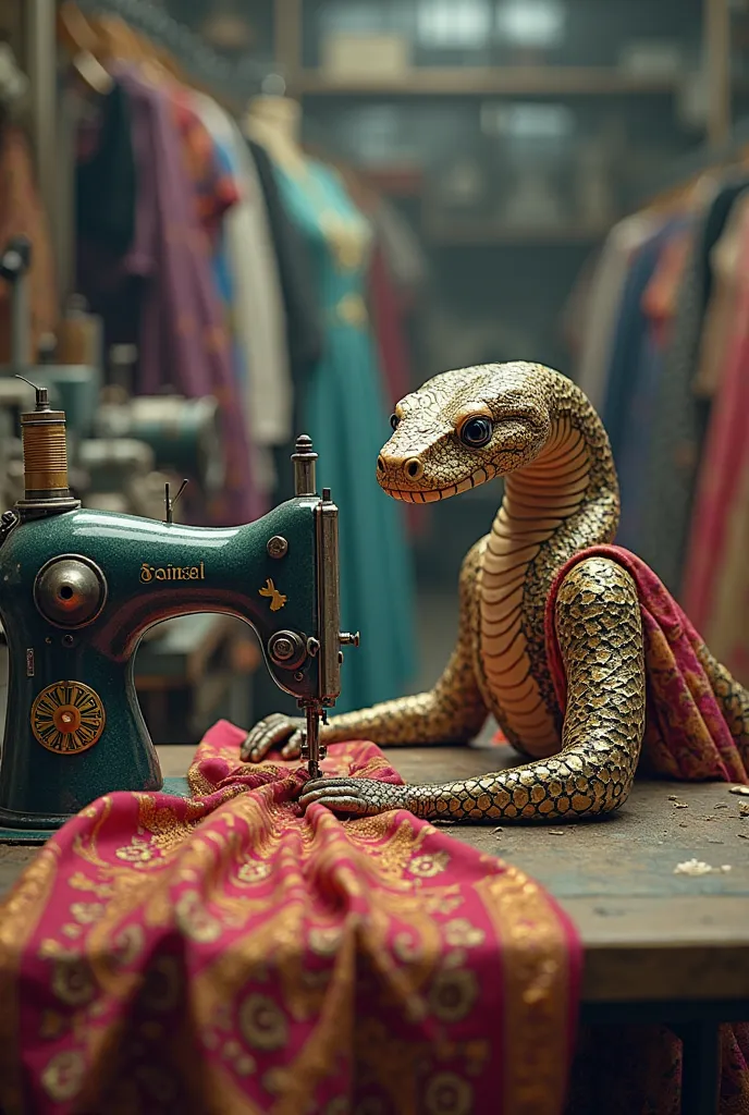 The Indian snake behind an industrial professional sewing machine makes fashionable clothes and makes a lot of money