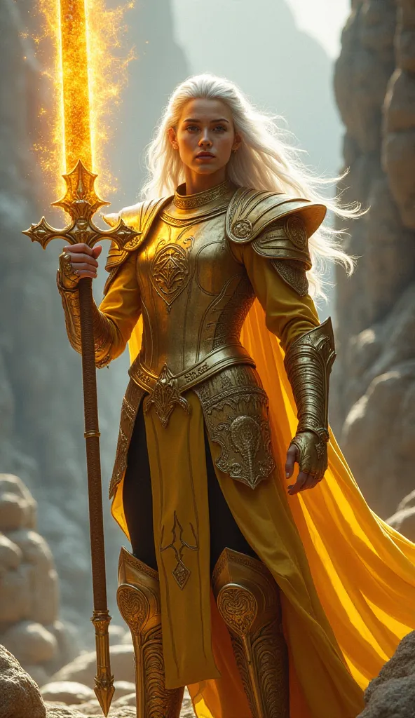 "An elven warrior in golden armor, silver hair and a flaming sword, in heroic pose."