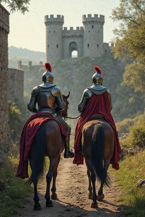 Two knights from the Middle Ages arriving with horses at a castle 