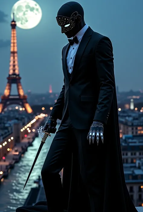 A sleek spy perches on a moonlit Parisian rooftop, the Eiffel Tower glowing in the background. The Seine River reflects the city lights as faint accordion music plays. He wears a black tuxedo with a starry cloak, a porcelain opera mask with a fleur-de-lis ...