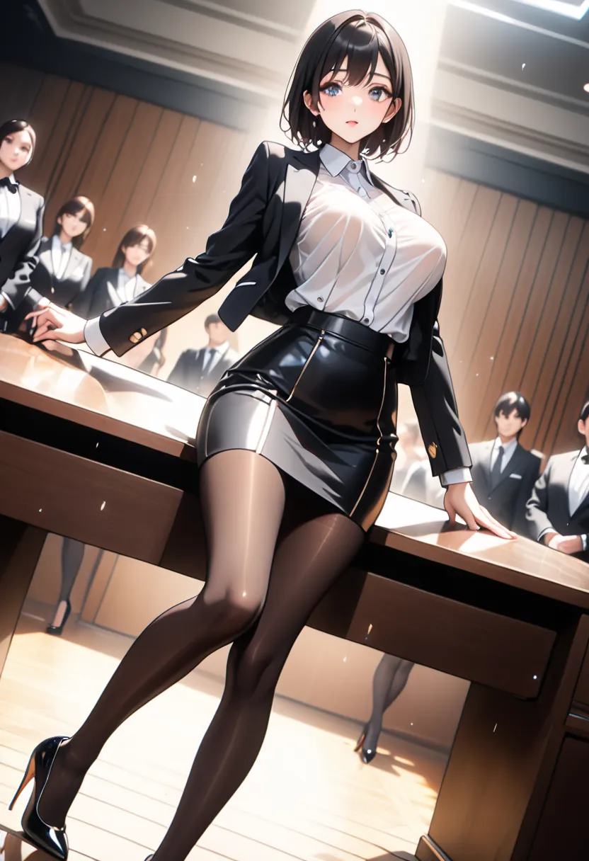 (((Female erotic lawyer,  formal suit skirt, Pencil Skirt Black , pantyhose,  White Sheer Blouse ,   jacket, Stiletto Heels, ( Shining Costumes)))), skinny, Alone,  1 female, masterpiece, Highest quality, Highest quality, 16k, very absurd, very detailed, 2...