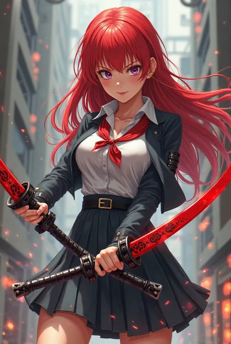 Red-haired girl wearing school uniform and wearing D-cups with two red and black swords