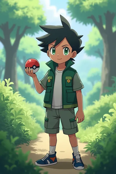 Boy pokemon trainer holding pokeball with black  hair and green eyes 