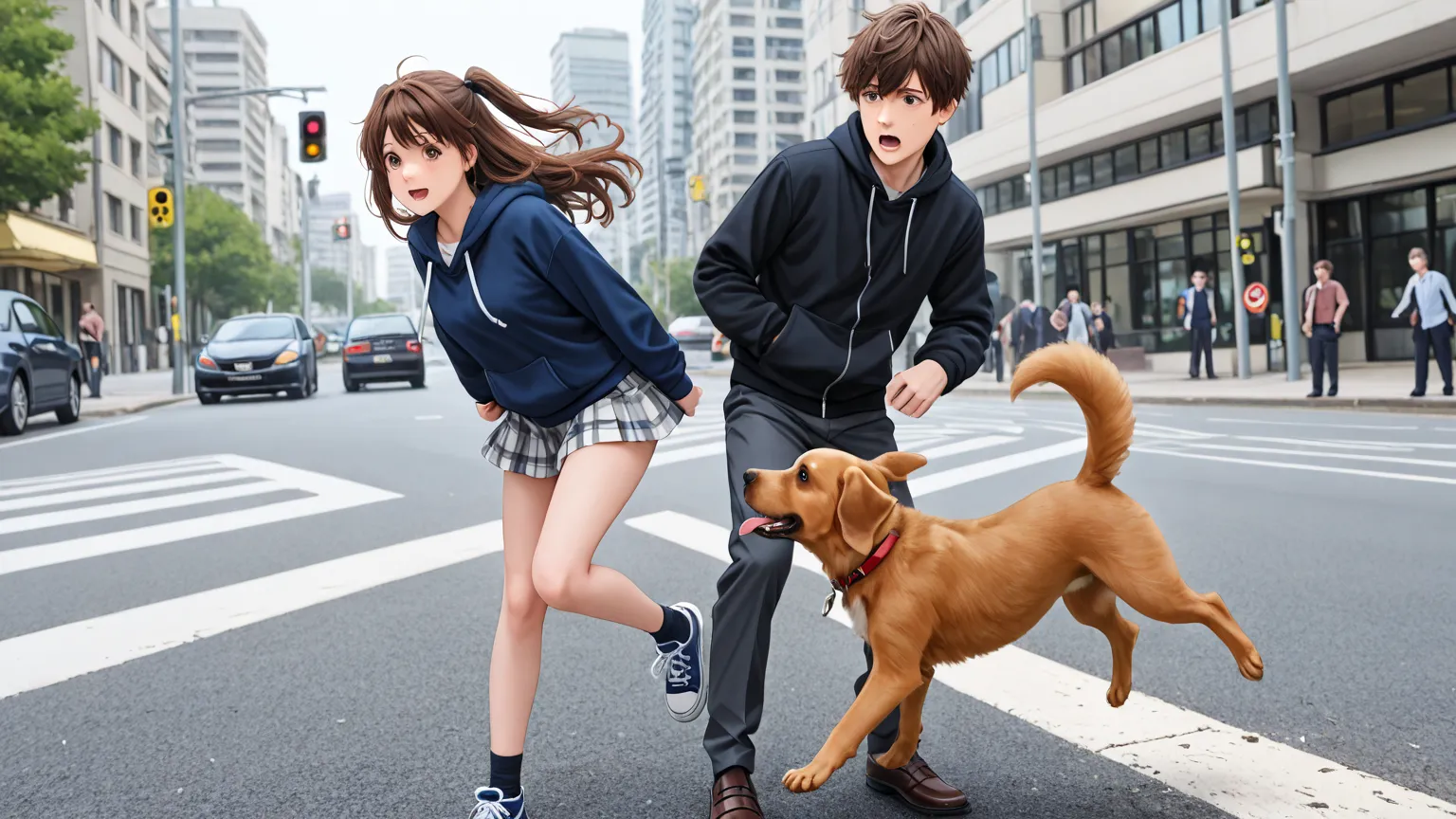 The second image from the left above is a scene where a boy chases a puppy that has jumped out。Only one boy and a girl are shown、scene where a puppy jumps out at a pedestrian crossing、A brown puppy is jumping out of a pedestrian crossing、only 2 boys and 2 ...