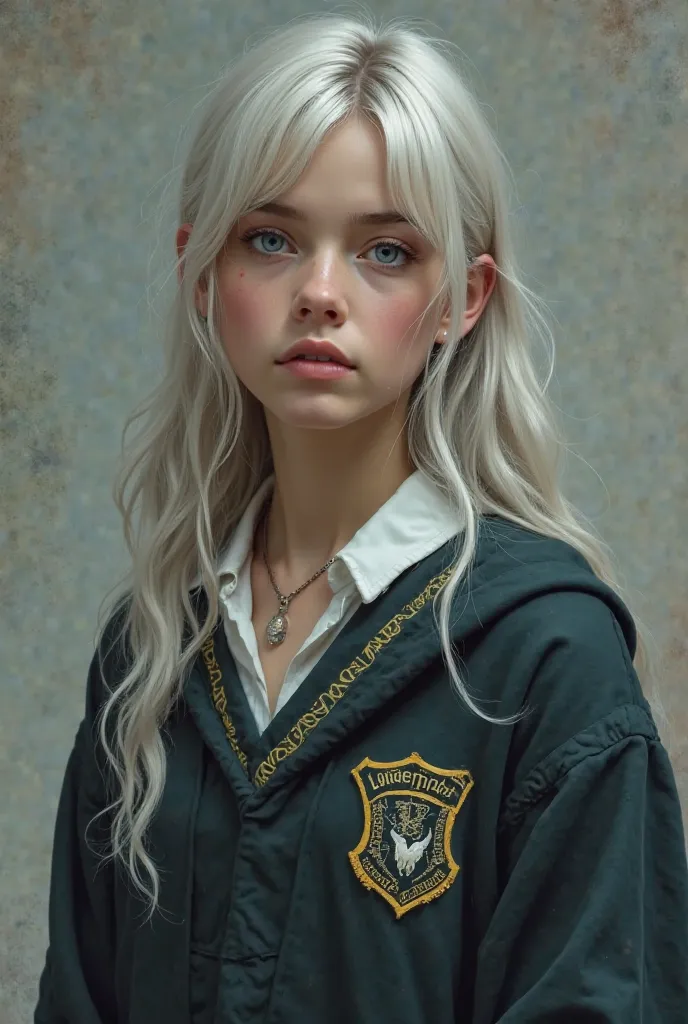 I want a similar style to Dasha Taran, but with silver-blonde hair, light blue eyes, a necklace, a faint crescent-shaped scar on the right arm, and a Hogwarts school uniform.