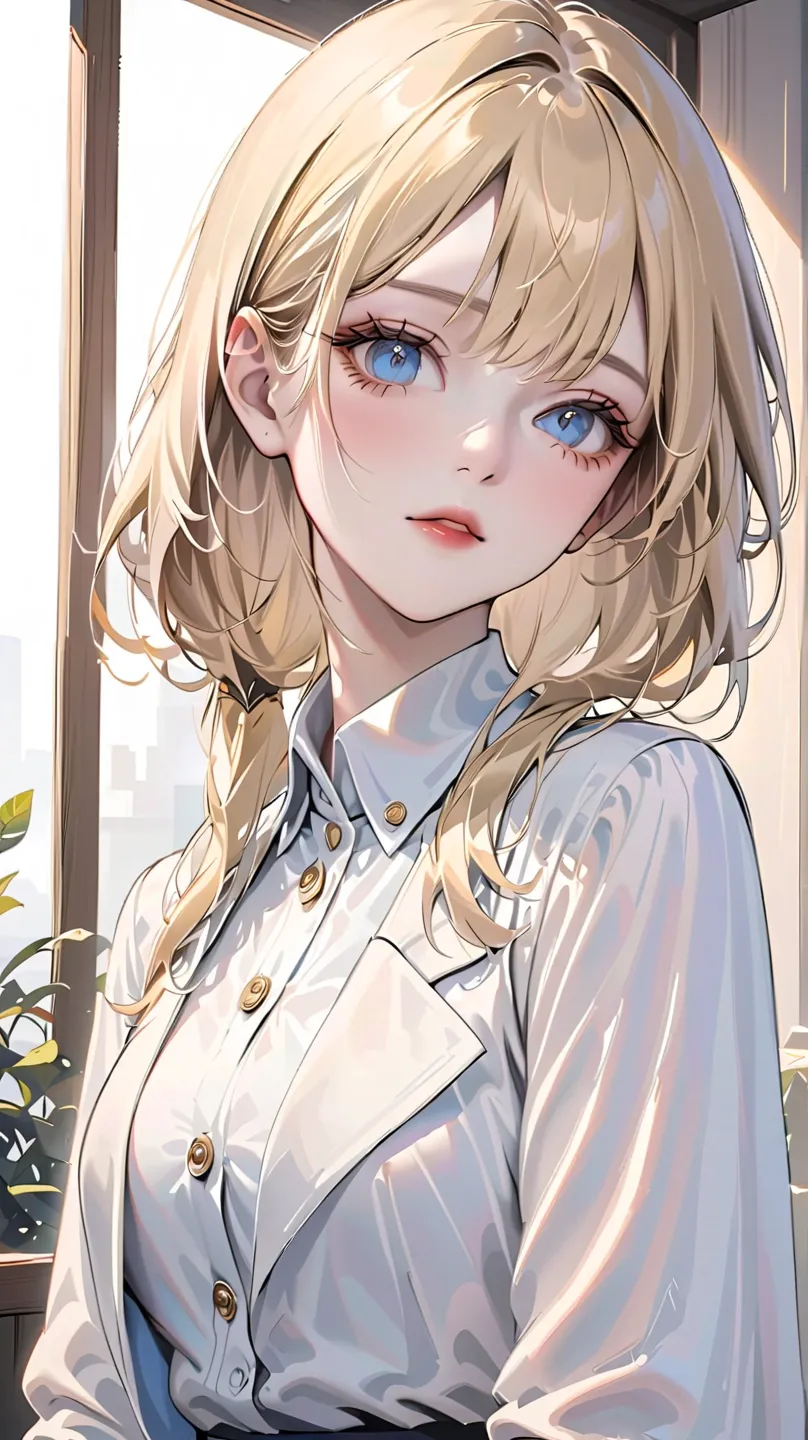 A highly detailed anime-style illustration of a beautiful blonde woman with long, silky hair cascading over her shoulders. She has striking blue eyes with a soft, melancholic expression, and delicate facial features with subtle blush on her cheeks. She wea...