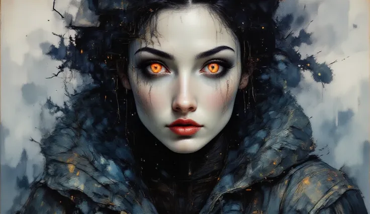 a digital illustration of a black wolf face merged with a female face, glowing orange eyes radiating intensity, intricate fur details blending seamlessly with human skin, inspired by Lois van Baarle; soft grey gradient background emphasizing the mysterious...