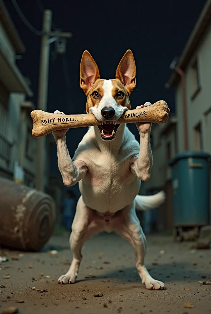 An angry, muscular Jack Russell stands in a serious stance, holding a large bone in his teeth with the inscription “Do not approach” against the backdrop of an abandoned street at night, with an overturned trash can.