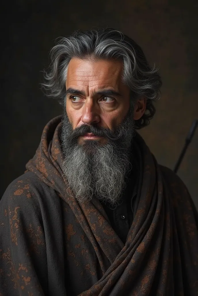 rafed man with a beard and a robe looking off to the side, dark grey haired man, portrait shot 8 k, leica 8k still from an a24 film, 4k portrait, by Etienne Delessert, soft portrait shot 8 k, full color still, handsome man, portrait 8 k, shot from danis vi...