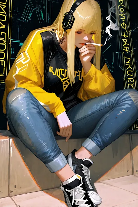 painting of a woman sitting on a wall smoking a cigarette , wearing headphones this one with the feet resting on the headset with the legs crossed, sneakers , yellow coat jacket with geometric patterns , falls on the shoulders , rolled jeans , the lower pa...